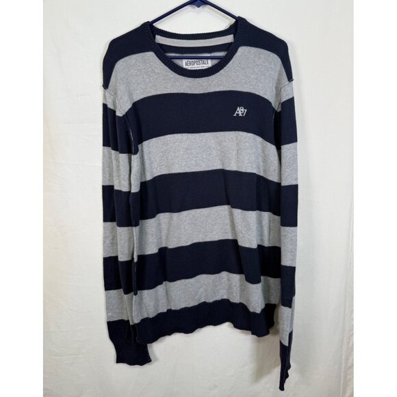 Aeropostale Mens XL Long Sleeve Sweatshirt Gray /Blue Stripes Preppy Y2K - Picture 1 of 9